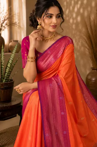Sangam prints coral orange soft silk blend woven work traditional saree