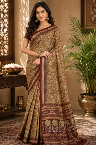 Sangam prints beige pashmina silk blend woven work traditional saree