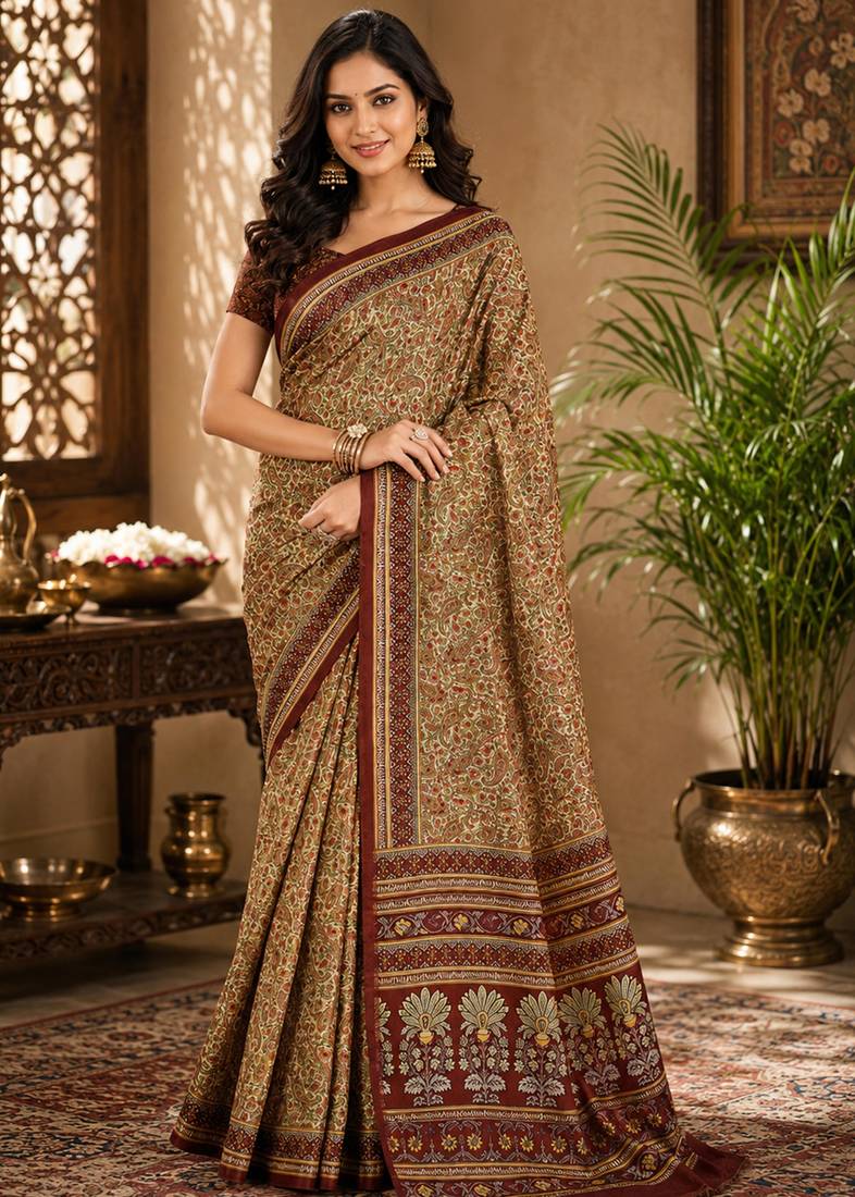 Sangam prints beige pashmina silk blend woven work traditional saree