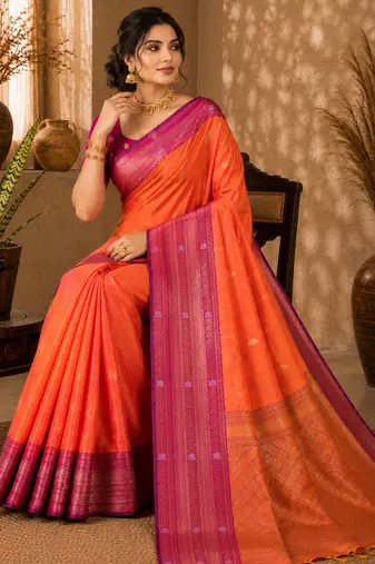 Sangam prints coral orange soft silk blend woven work traditional saree