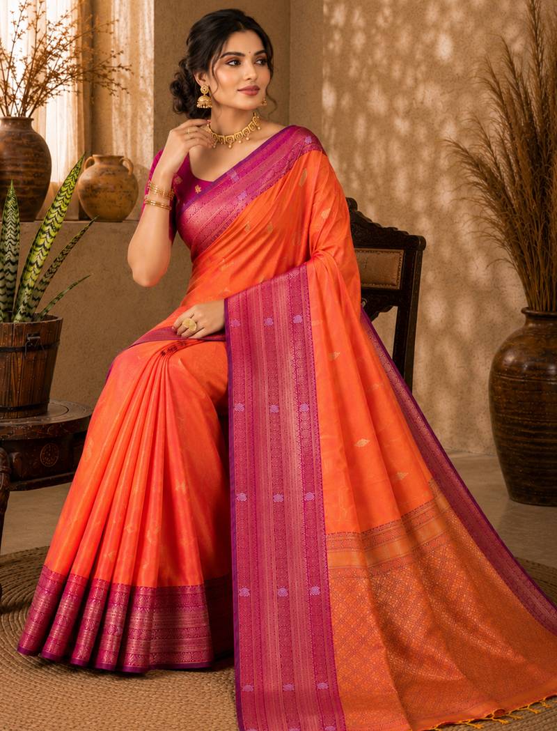 Sangam prints coral orange soft silk blend woven work traditional saree