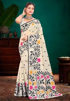 Sangam prints grey cotton blend woven work traditional saree 1