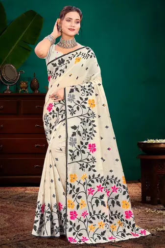 Sangam prints grey cotton blend woven work traditional saree