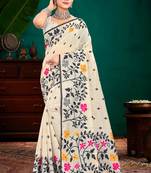 Sangam prints grey cotton blend woven work traditional saree