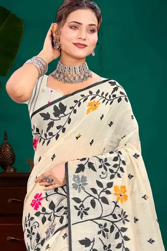 Sangam prints grey cotton blend woven work traditional saree