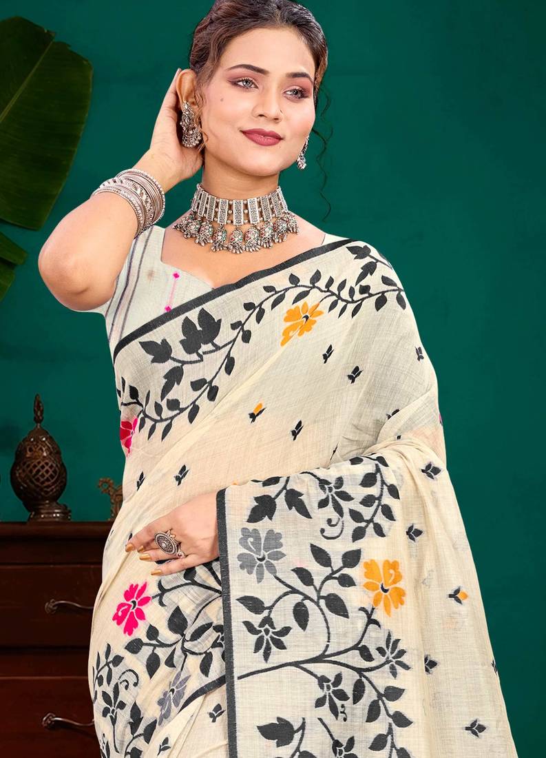 Sangam prints grey cotton blend woven work traditional saree