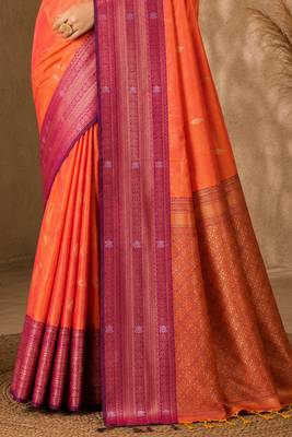 Sangam prints coral orange soft silk blend woven work traditional saree 4