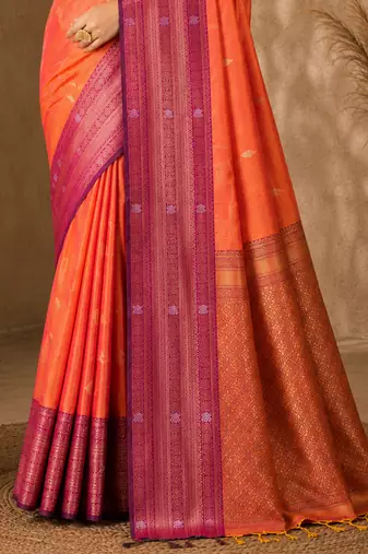 Sangam prints coral orange soft silk blend woven work traditional saree