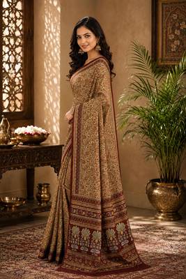Sangam prints beige pashmina silk blend woven work traditional saree 3