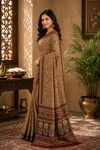 Sangam prints beige pashmina silk blend woven work traditional saree