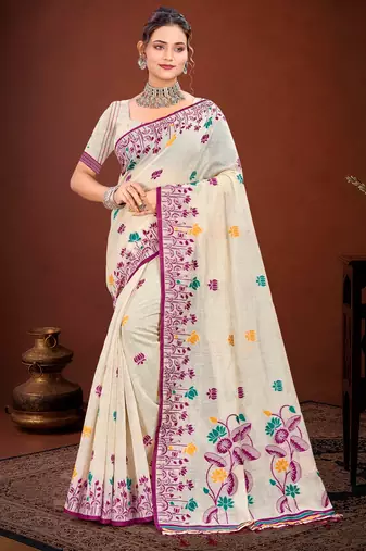 Sangam prints purple cotton blend woven work traditional saree