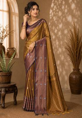 Sangam prints antique gold soft silk blend woven work traditional saree 1