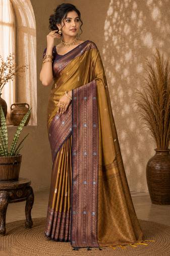 Sangam prints antique gold soft silk blend woven work traditional saree