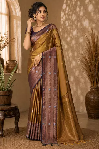Sangam prints antique gold soft silk blend woven work traditional saree