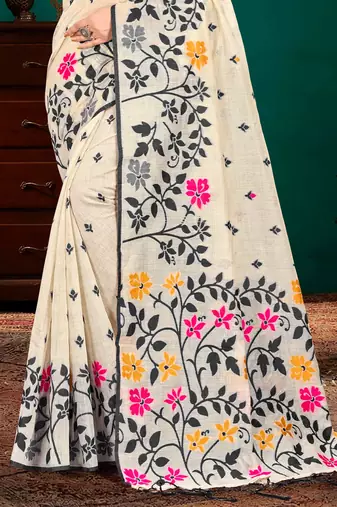 Sangam prints grey cotton blend woven work traditional saree