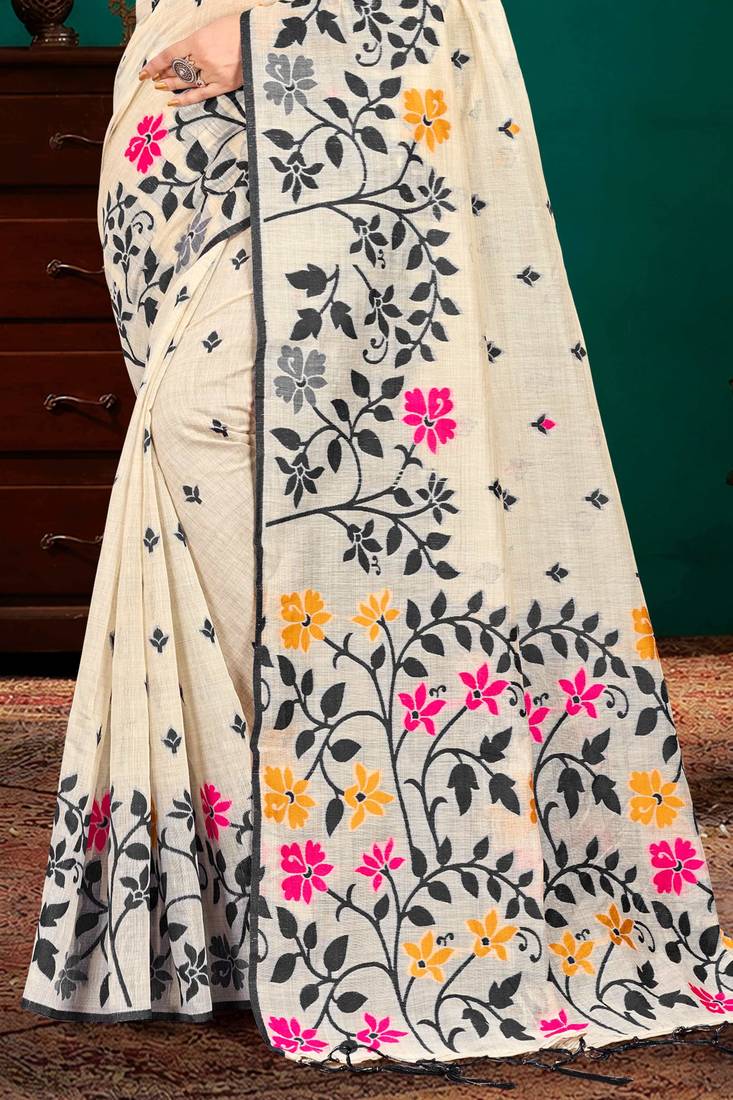 Sangam prints grey cotton blend woven work traditional saree