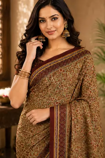 Sangam prints beige pashmina silk blend woven work traditional saree