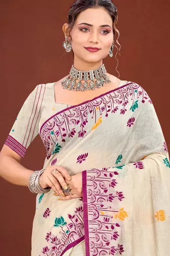 Sangam prints purple cotton blend woven work traditional saree
