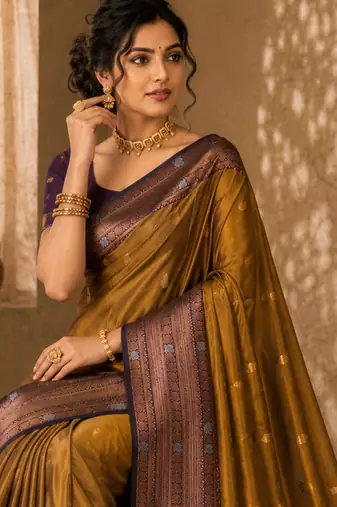 Sangam prints antique gold soft silk blend woven work traditional saree