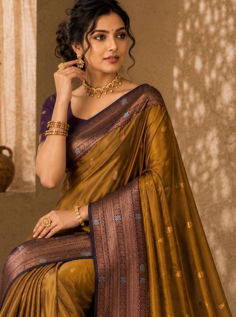 Sangam prints antique gold soft silk blend woven work traditional saree