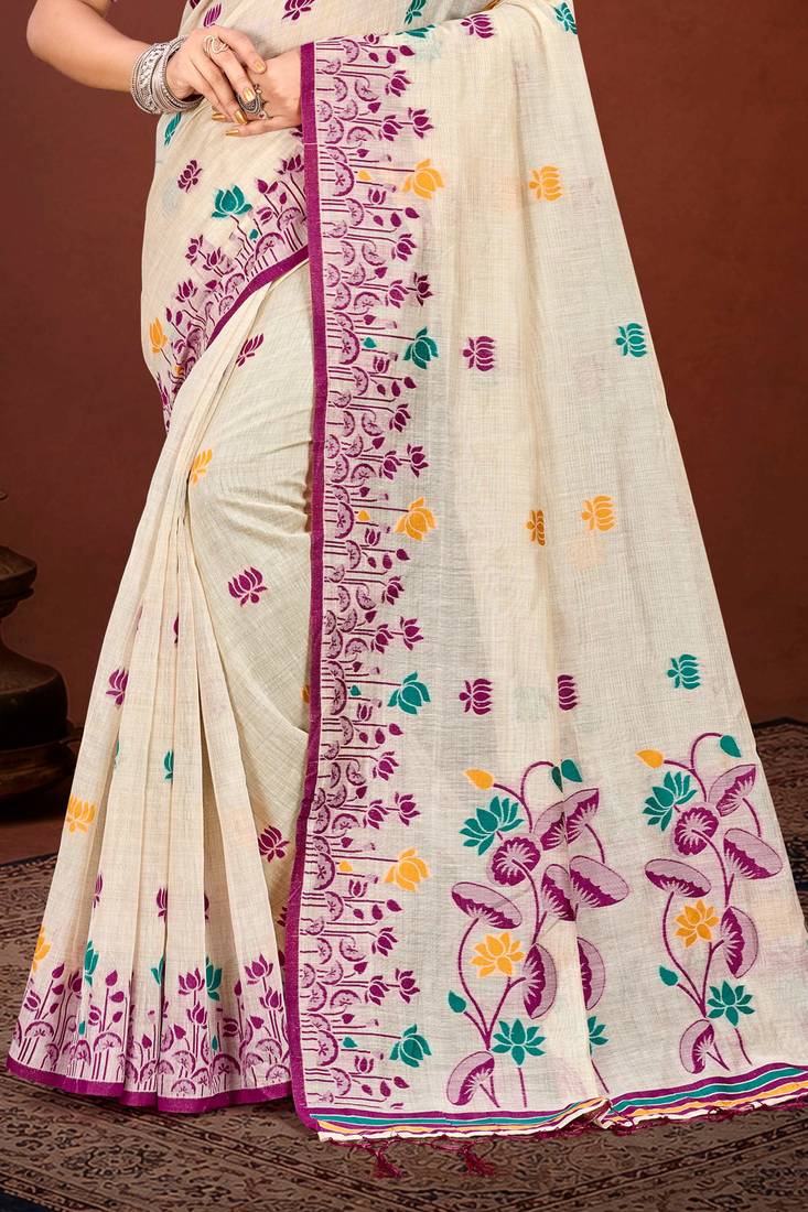 Sangam prints purple cotton blend woven work traditional saree