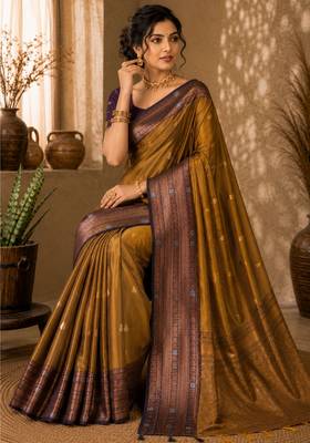 Sangam prints antique gold soft silk blend woven work traditional saree 3