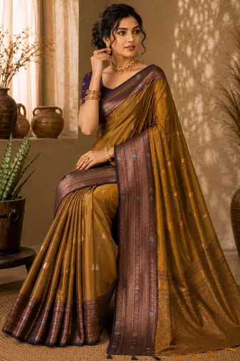 Sangam prints antique gold soft silk blend woven work traditional saree