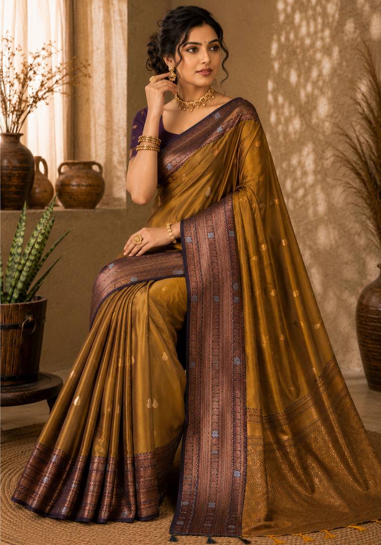 Sangam prints antique gold soft silk blend woven work traditional saree