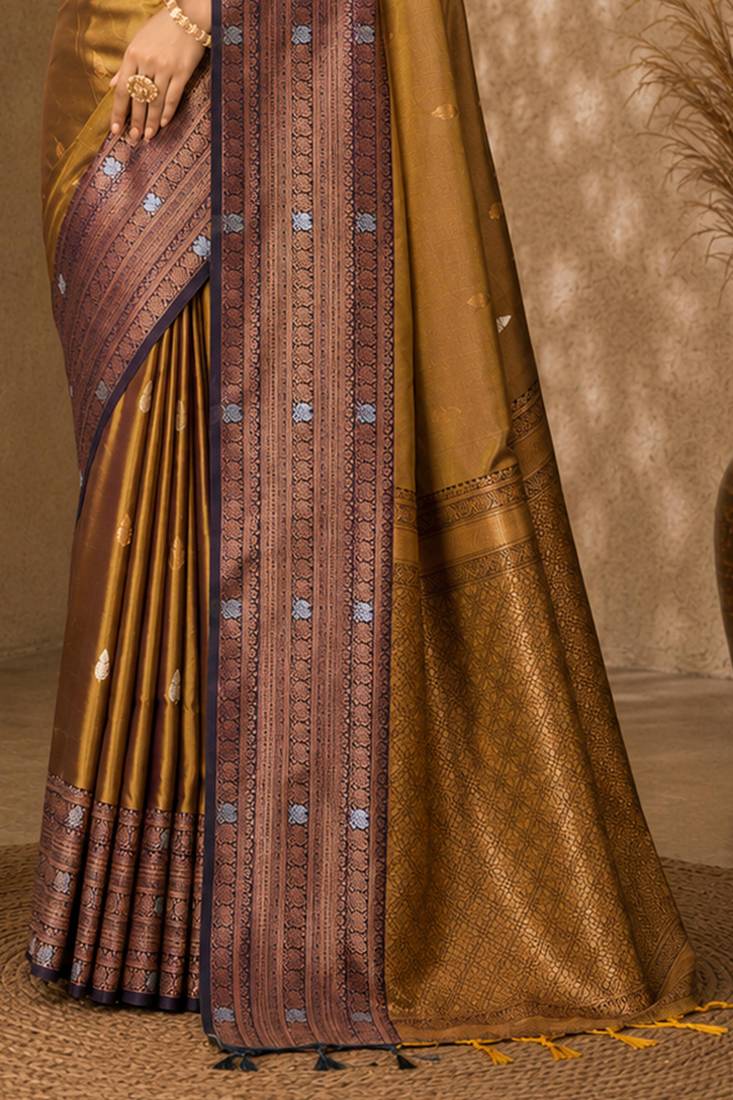 Sangam prints antique gold soft silk blend woven work traditional saree