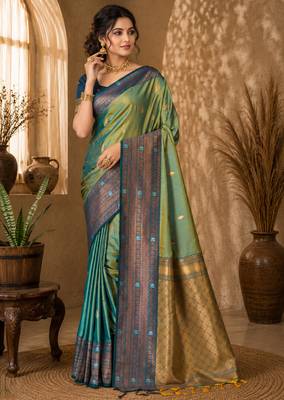 Sangam prints sea green soft silk blend woven work traditional saree 1