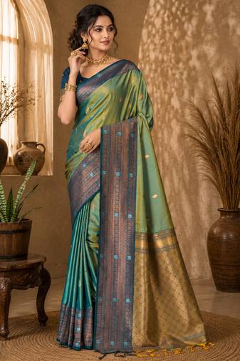 Sangam prints sea green soft silk blend woven work traditional saree