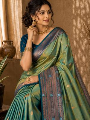 Sangam prints sea green soft silk blend woven work traditional saree 2