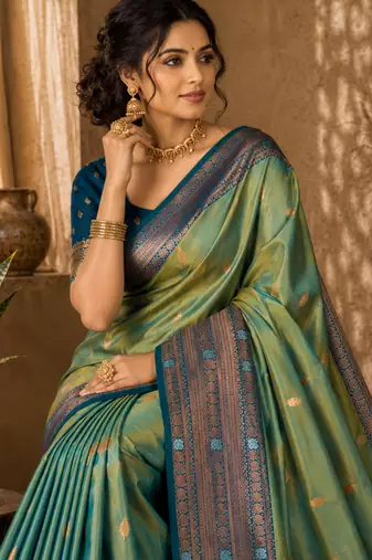 Sangam prints sea green soft silk blend woven work traditional saree