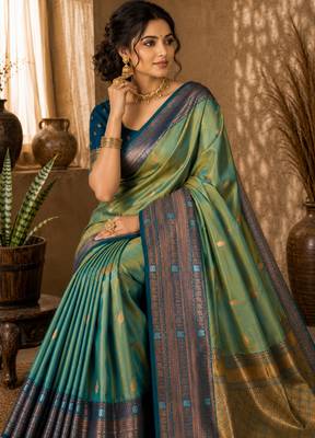 Sangam prints sea green soft silk blend woven work traditional saree 3