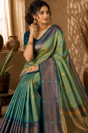 Sangam prints sea green soft silk blend woven work traditional saree