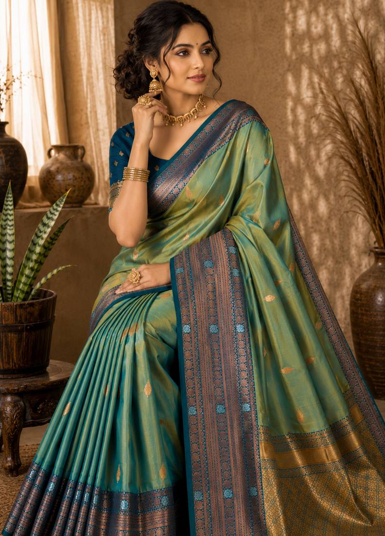 Sangam prints sea green soft silk blend woven work traditional saree