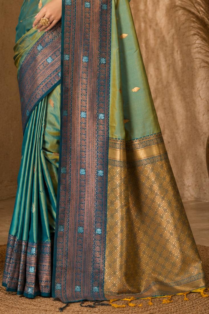 Sangam prints sea green soft silk blend woven work traditional saree