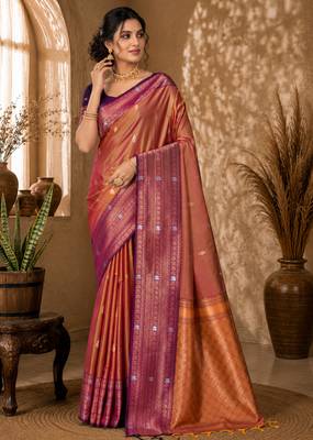 Sangam prints copper gold soft silk blend woven work traditional saree 1