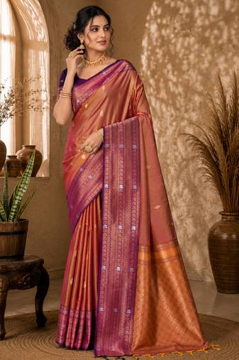 Sangam prints copper gold soft silk blend woven work traditional saree