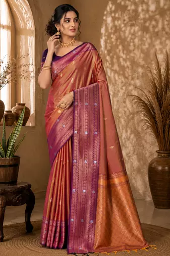 Sangam prints copper gold soft silk blend woven work traditional saree