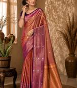 Sangam prints copper gold soft silk blend woven work traditional saree