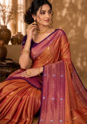 Sangam prints copper gold soft silk blend woven work traditional saree 2