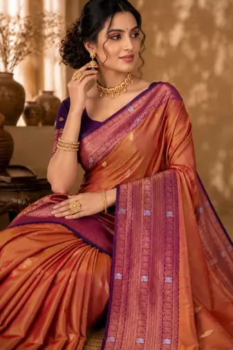 Sangam prints copper gold soft silk blend woven work traditional saree