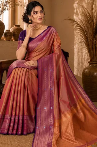 Sangam prints copper gold soft silk blend woven work traditional saree