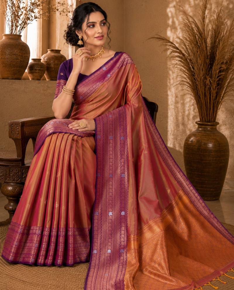 Sangam prints copper gold soft silk blend woven work traditional saree