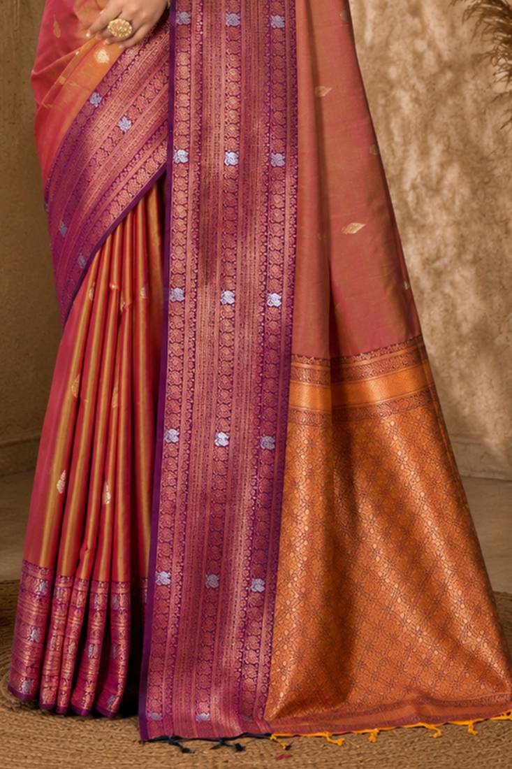 Sangam prints copper gold soft silk blend woven work traditional saree