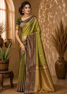 Sangam prints olive green soft silk blend woven work traditional saree 1