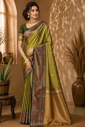 Sangam prints olive green soft silk blend woven work traditional saree
