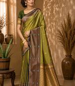 Sangam prints olive green soft silk blend woven work traditional saree