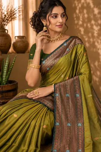 Sangam prints olive green soft silk blend woven work traditional saree